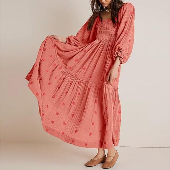 Shy Velvet Dresses & Skirts - Long Sleeve Square Neck Embroidered Maxi Dress, SMALL, 15D161D006
